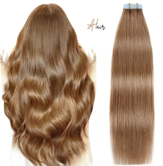 Tap in bandes adhésives 8#, cheveux bruns lisses et brillants pour un look soigné sans effort