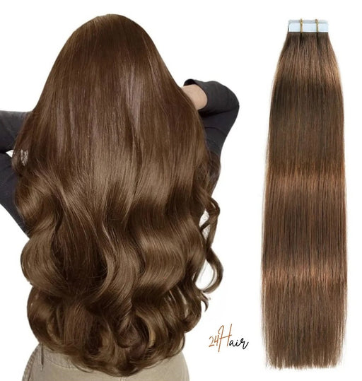 Bandes adhésives tap in 4#, cheveux châtains naturels 100% pour une coiffure légère et brillante