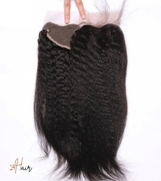 Frontal 13x4 kinky straight yaki, cheveux vierges 100% naturels pour un style élégant et texturé