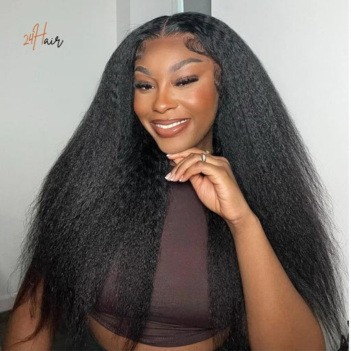 Perruque virgin frontal yaki kinky straight, coiffure voluminous avec des cheveux texturés naturels